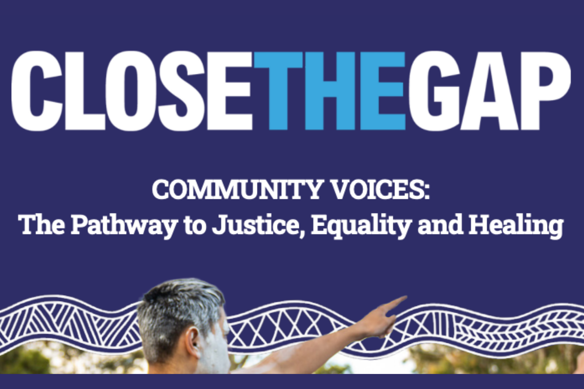 **Alt text:**  Close the Gap campaign graphic with the text "Community Voices: The Pathway to Justice, Equality and Healing" on a navy background, with a decorative Indigenous pattern border and a partial photo of a man pointing in the foreground.